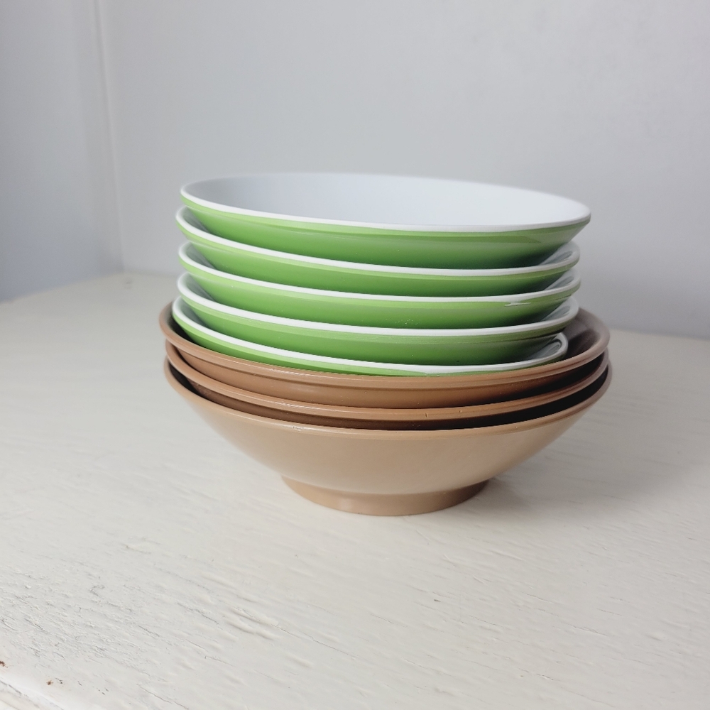 Set of Green and Tan Melmac Melamine 1970's Snack Bowls